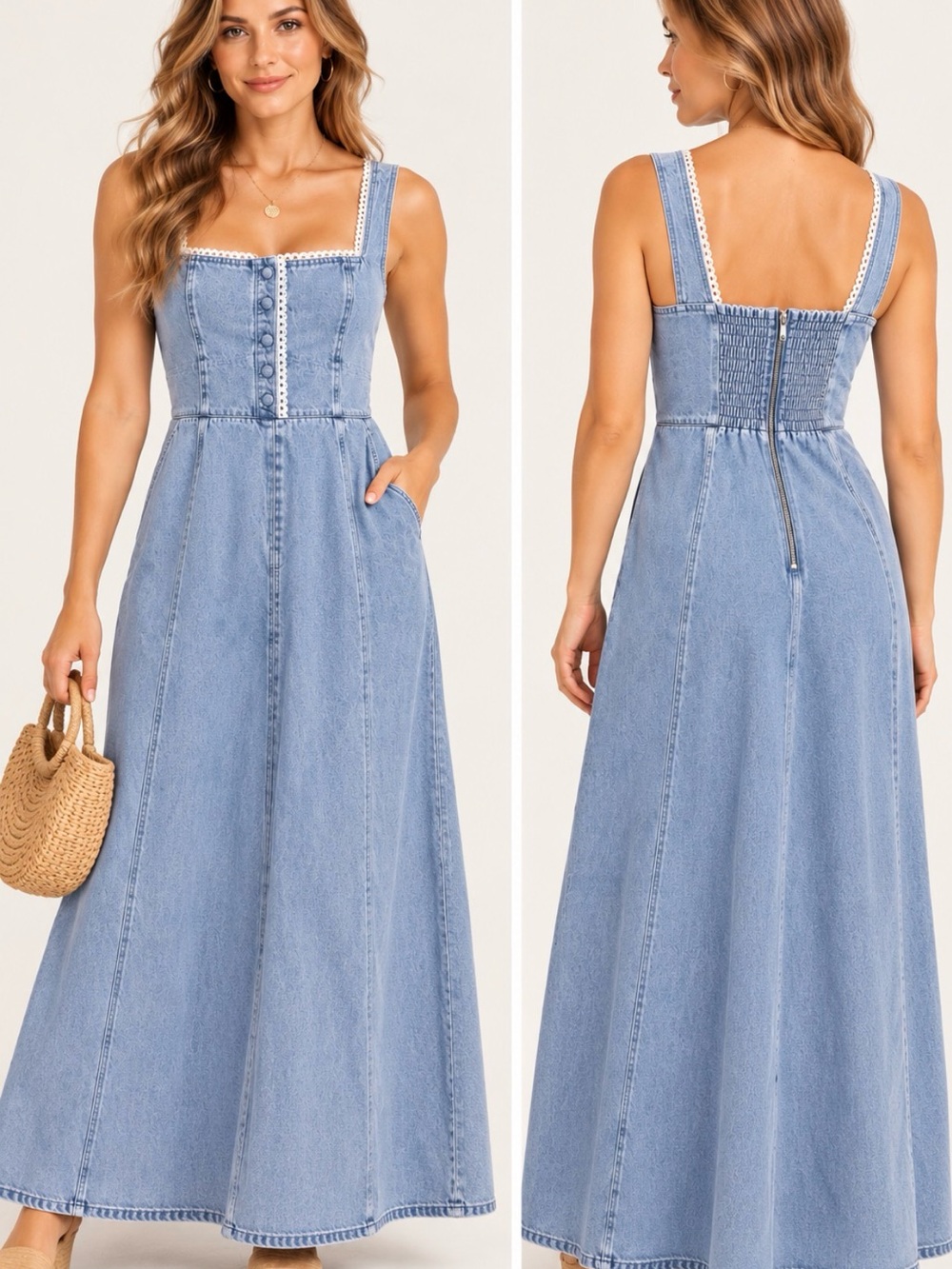 WAVE Light Wash Denim Lace Trim Square Neck Maxi Dress L